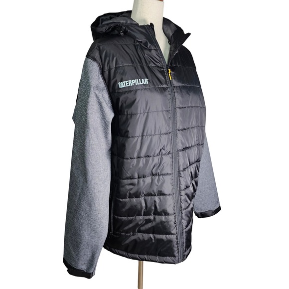 Caterpillar Puffer Jacket Hooded Black Gray Full Zip Workwear Men Size L - Picture 2 of 10